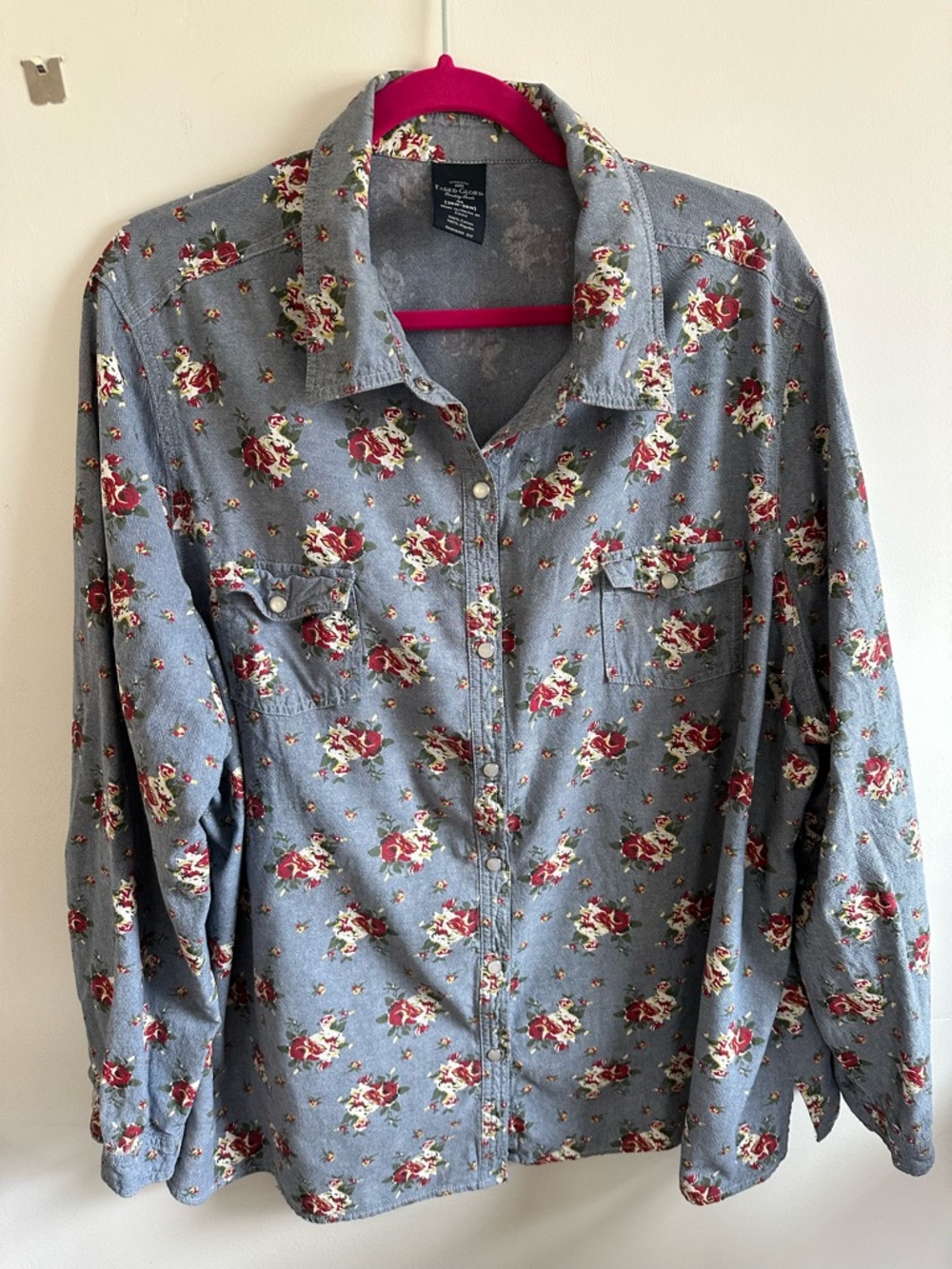 Floral Button-Up Shirt in Dusty Blue with Red Roses
